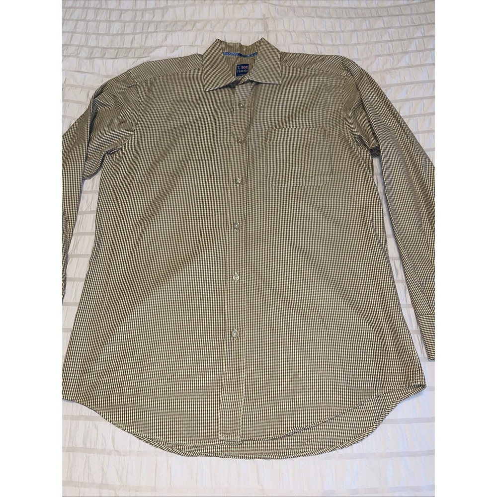 Mens T‎ Harris London Long Sleeve Button Shirt Black Tan Checked Cotton Medium